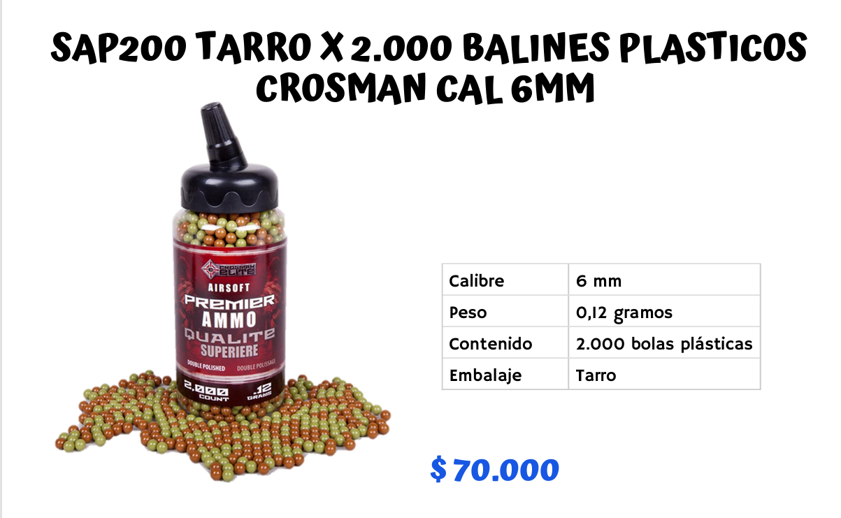 Sap200 Tarro X 2.000 Balines Plasticos Crosman Cal 6 mm