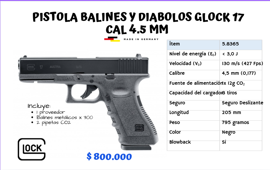 Pistola de Balines y diabolos Glock 17 Cal 4.5 mm