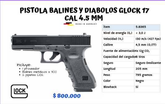 Pistola de Balines y diabolos Glock 17 Cal 4.5 mm
