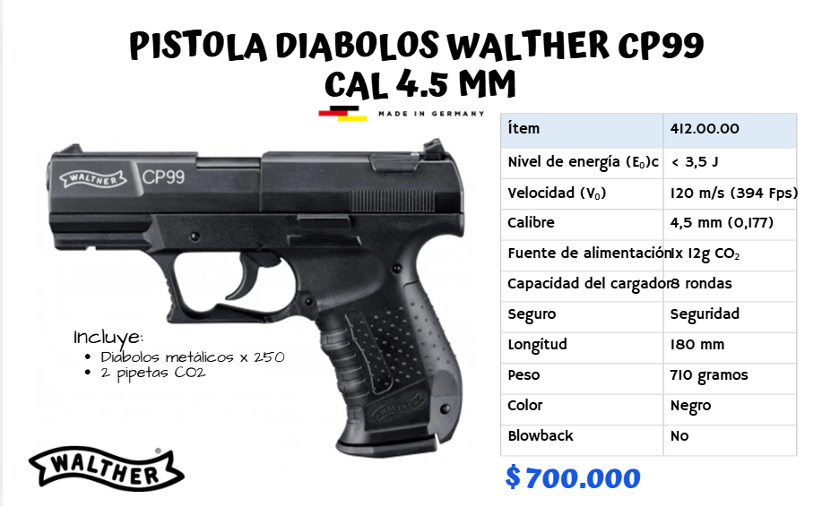 Pistola Diabolos Walther CP99 Cal 4.5 mm