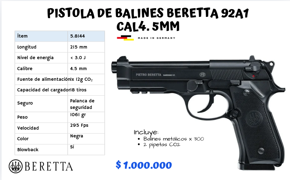 Pistola De Balines Beretta 92A1 Cal 4.5 mm