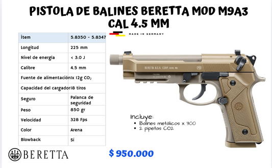 Pistola De Balines Beretta Mod M9A3 Cal 4.5 mm