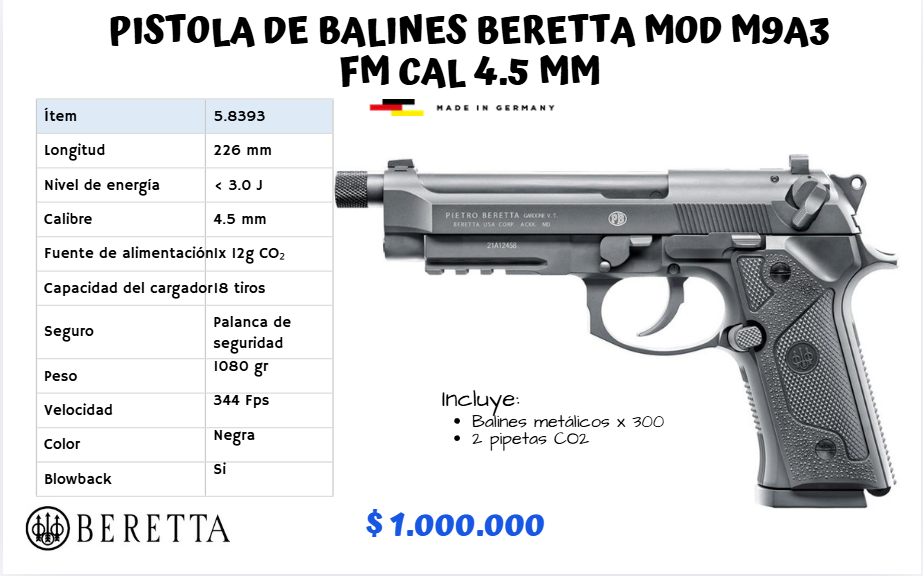 Pistola De Balines Beretta Mod M9A3 Fm Cal 4.5 mm