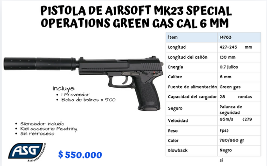 Pistola De Airsoft Mk23 Special GREEN GAS CAL 6 mm