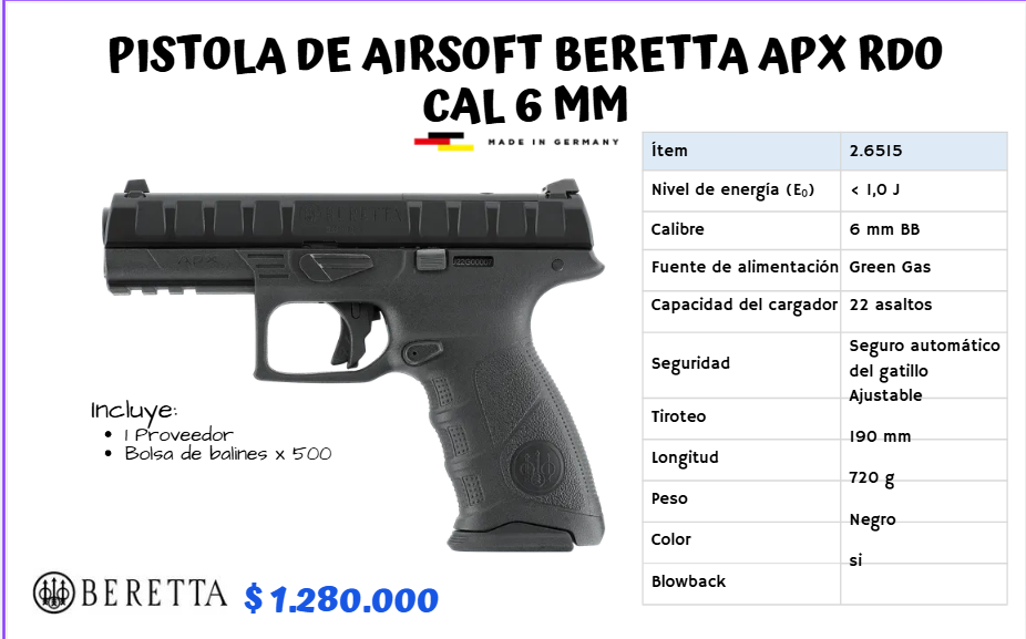 Pistola De Airsoft Beretta APX RDO GREEN GAS