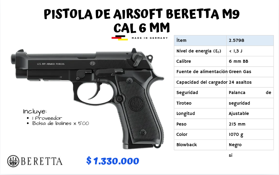 Pistola De Airsoft Beretta M9 GREEN GAS Cal 6 mm