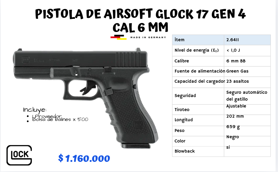 Pistola De Airsoft Glock 17 Gen4 Cal 6 mm GREEN GAS