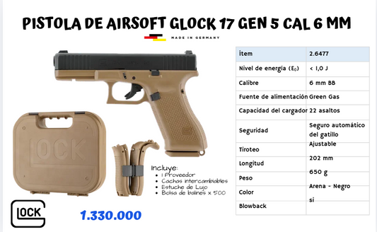 Pistola De Airsoft Glock 17 Gen 5 Cal 6 mm GREEN GAS