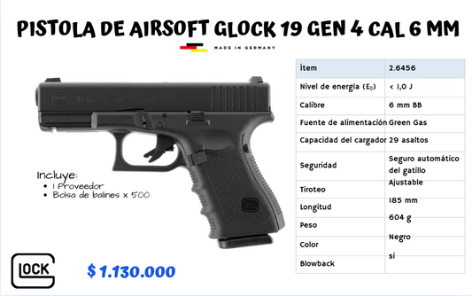 Pistola De Airsoft Glock 19 Gen 4 Cal 6 mm GREEN GAS