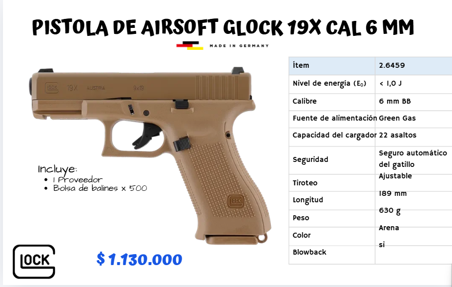 Pistola De Airsoft Glock 19x Cal 6 mm GREEN GAS