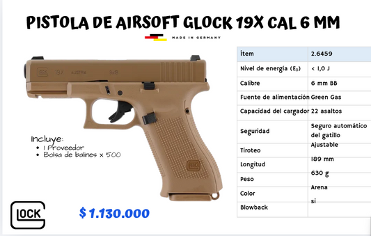 Pistola De Airsoft Glock 19x Cal 6 mm GREEN GAS