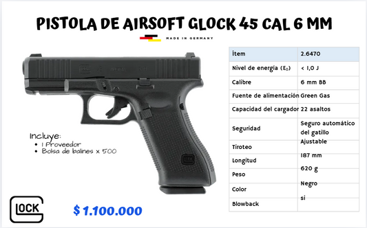 Pistola De Airsoft Glock 45 Cal 6 mm GREEN GAS