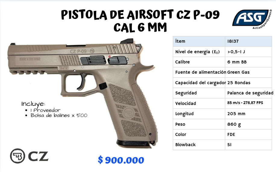 Pistola De Airsoft Cz P-09 Cal 6 mm GREEN GAS