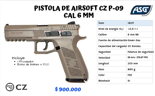 Pistola De Airsoft Cz P-09 Cal 6 mm GREEN GAS