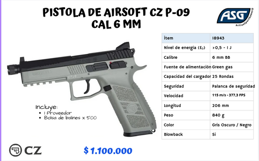 Pistola De Airsoft Cz P-09 Cal 6 mm GREEN GAS