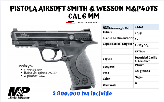 Pistola Airsoft Smith y Wesson Cal 6 mm CO2