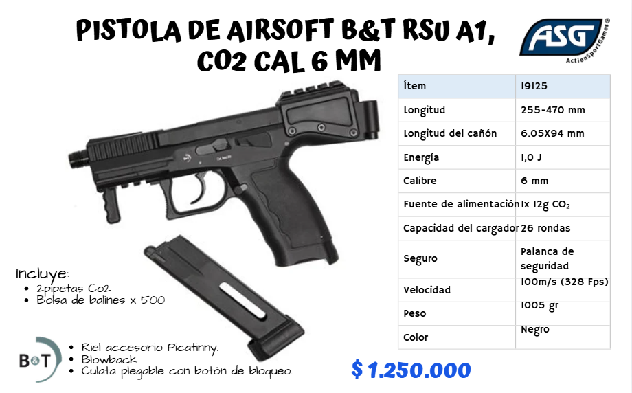 Pistola De Airsoft ByT A1 Cal 6 mm CO2
