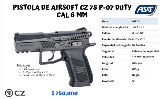 Pistola De Airsoft Cz Cal 6 mm CO2