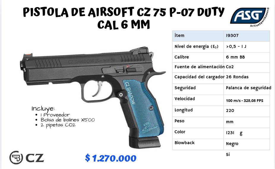 Pistola De Airsoft Cz Cal 6 mm CO2
