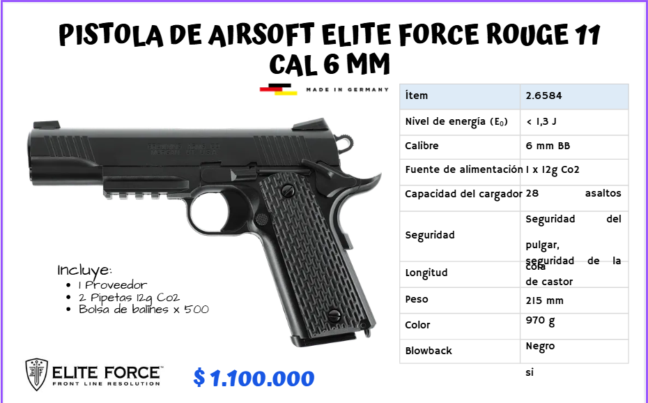 Pistola De Airsoft Elite Force ROUGE Cal 6 mm CO2