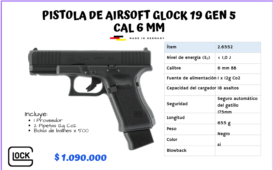 Pistola De Airsoft Glock 19 Gen5 Cal 6 mm CO2
