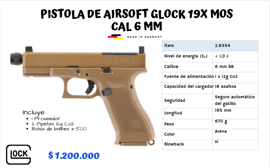 Pistola De Airsoft Glock 19X Cal 6 mm CO2