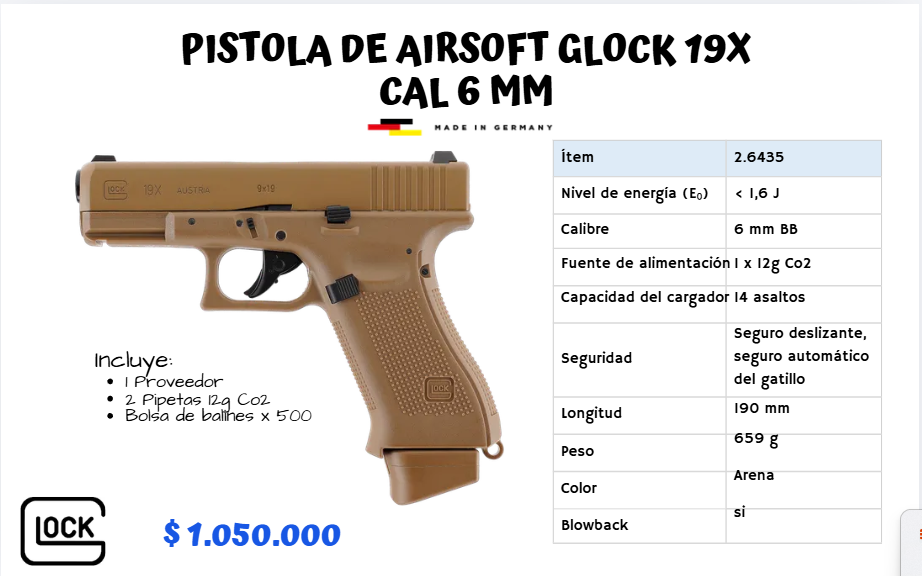 Pistola De Airsoft Glock 19X Cal 6 mm CO2