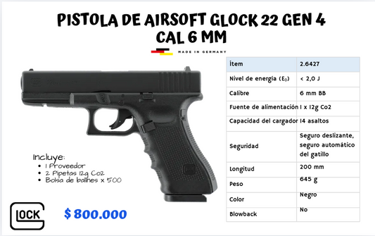 Pistola De Airsoft Glock 22 Gen 4 Cal 6 mm CO2
