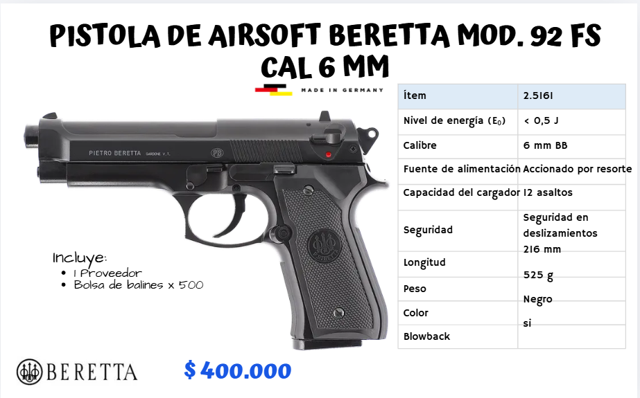 Pistola De Airsoft Beretta Mod 92 Cal 6mm RESORTE