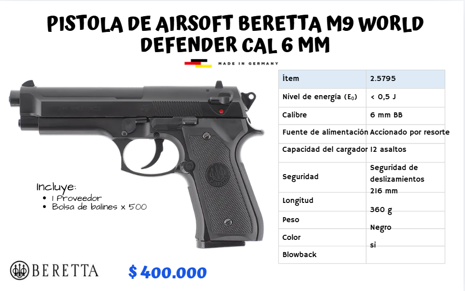 Pistola De Airsoft Beretta M9 WORLD DEFENDER Cal 6 mm RESORTE