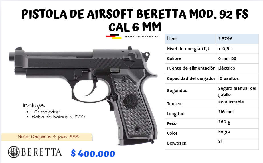 Pistola De Airsoft Beretta Mod 92 Cal 6 mm ELECTRICO