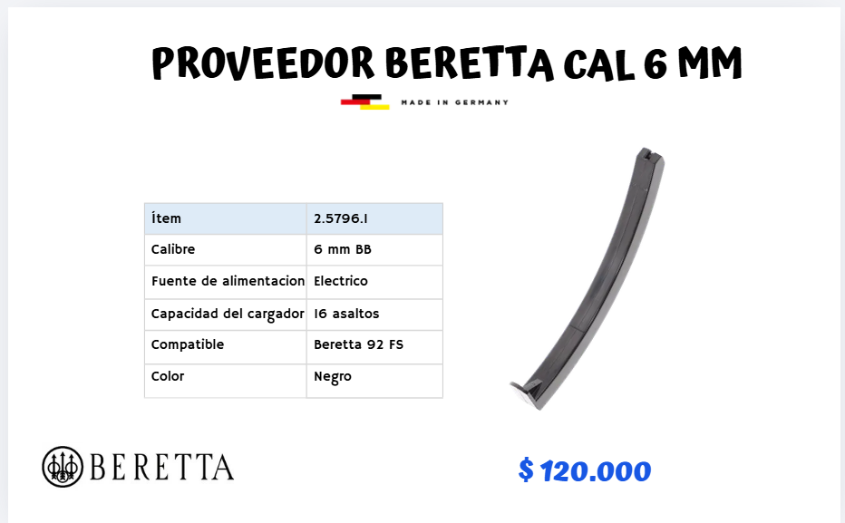 Proveedor Beretta Cal 6 mm