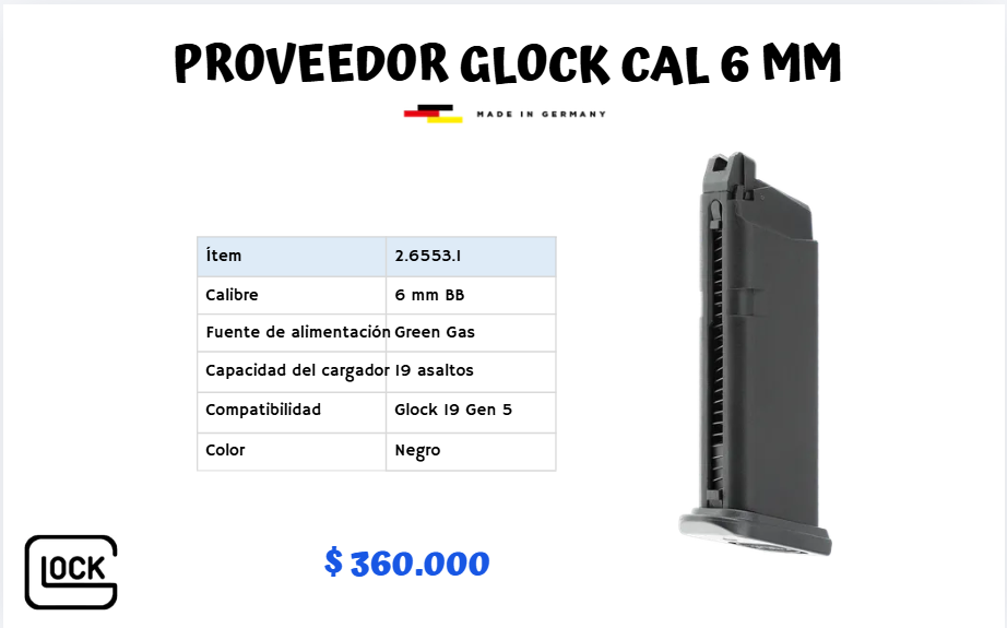 Proveedor Glock Cal 6 mm GREEN GAS