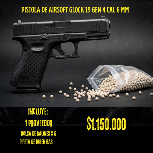 Pistola De Airsoft Glock 19 Gen4 Cal 6 mm GREEN GAS