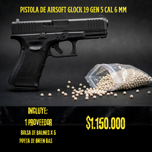 Pistola De Airsoft Glock 19 Gen 5 Cal 6 mm GREEN GAS